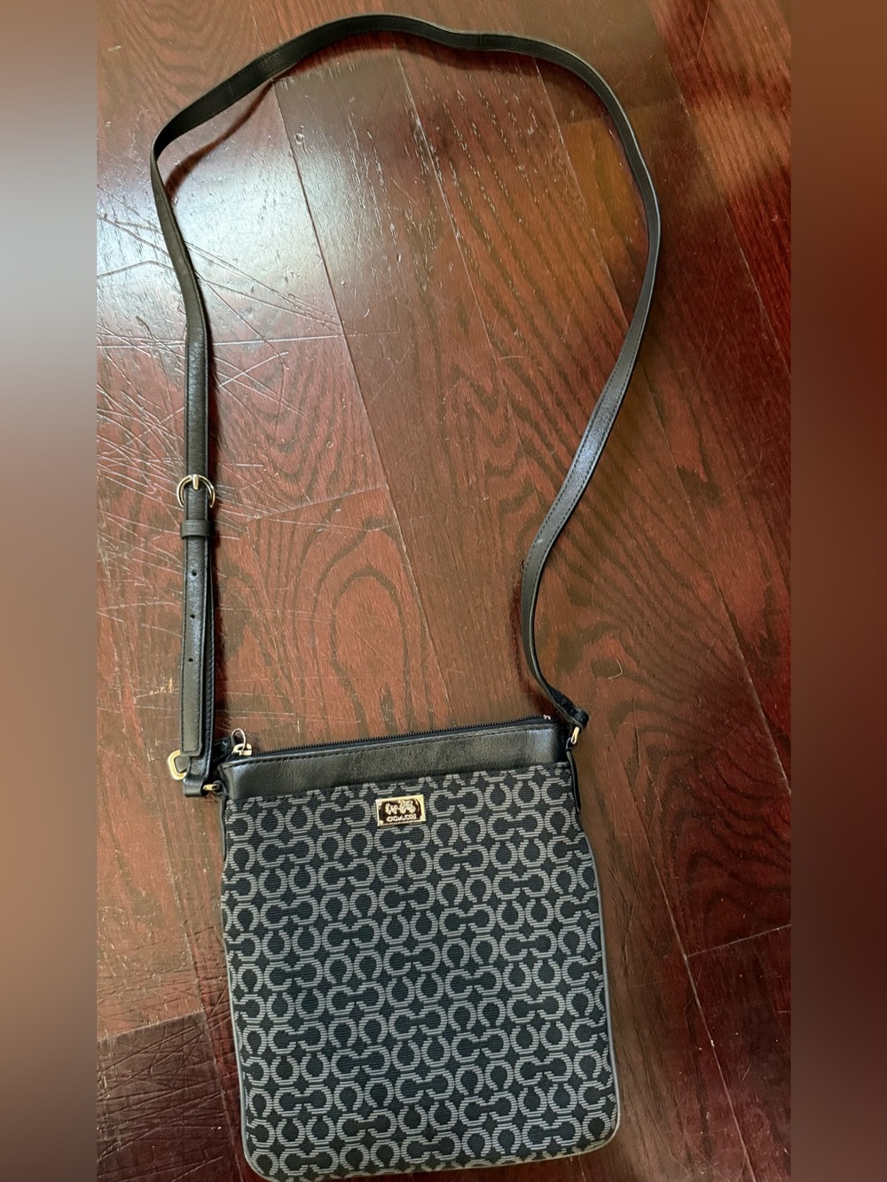 Coach Signature Black Gray Small Crossbody Bag Monogram Canvas Leather Trim
